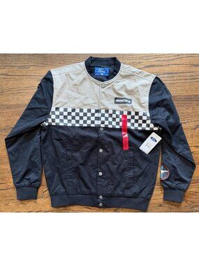 Ford Mustang American Checkered Racing Bomber Jacket Men's Size S Black Beige